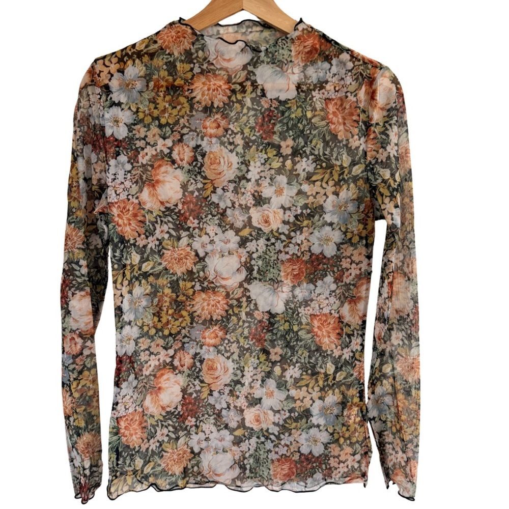 NWT Floral Mesh Mock Neck Sheer Long Sleeve Top Cottagecore Medium - Picture 2 of 9